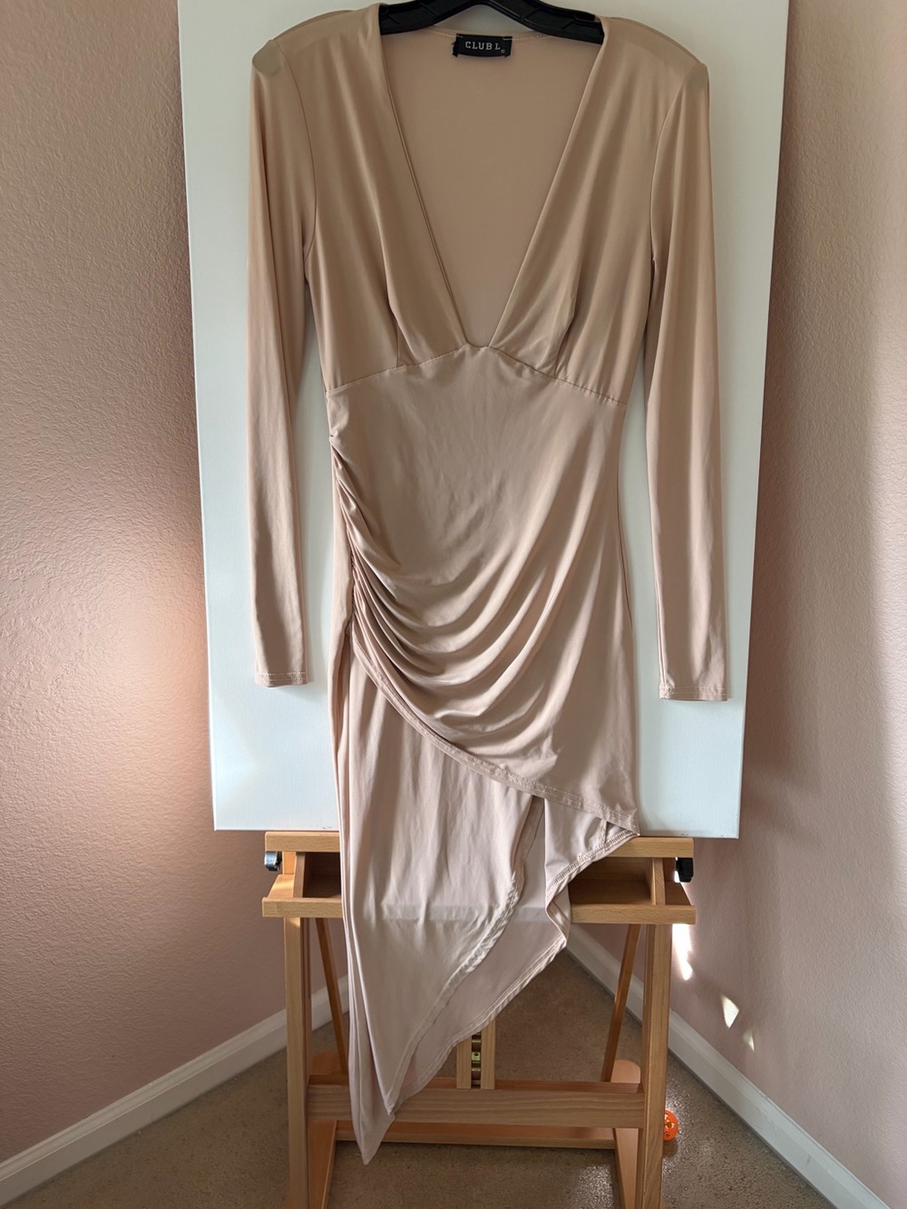 Club L London Nude Asymmetrical Deep Plunge Ruched Bodycon Dress 6 UK10